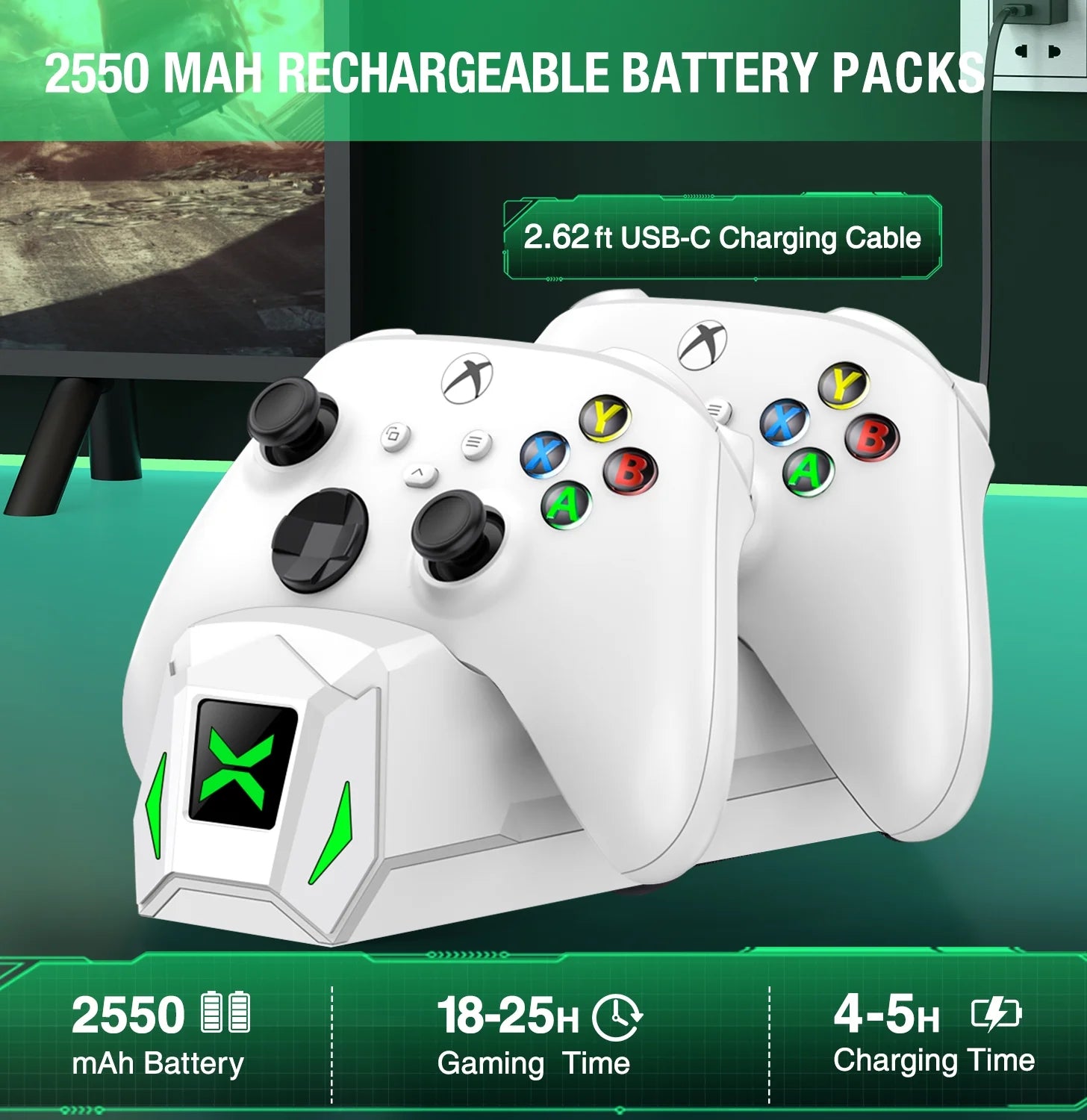 Dual Xbox Controller Charger with 2 Powerful 5520mWh Battery Packs for Ultimate Gaming Experience on Xbox Series X|S/One/Elite