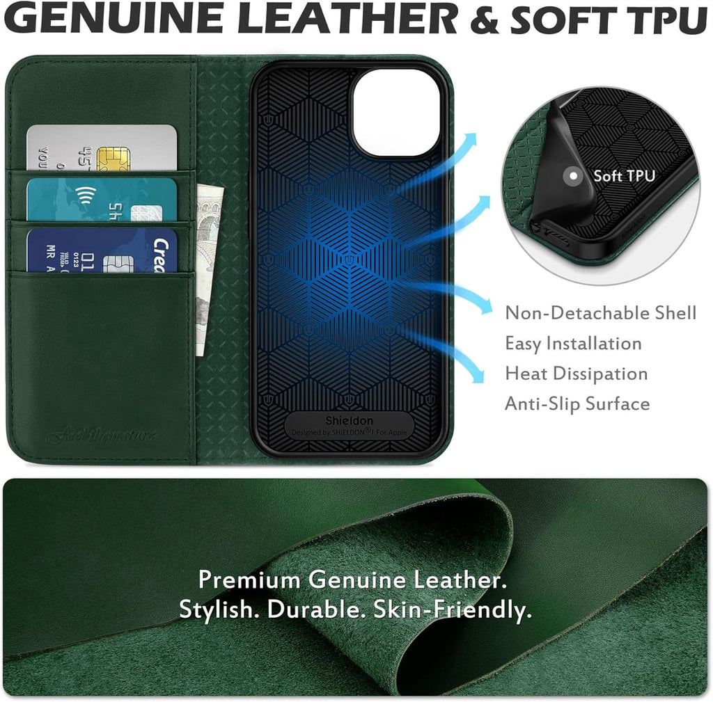 Premium Midnight Green Leather Wallet Case for iPhone 13 - Stylish, Shockproof, and RFID Blocking with Kickstand Functionality