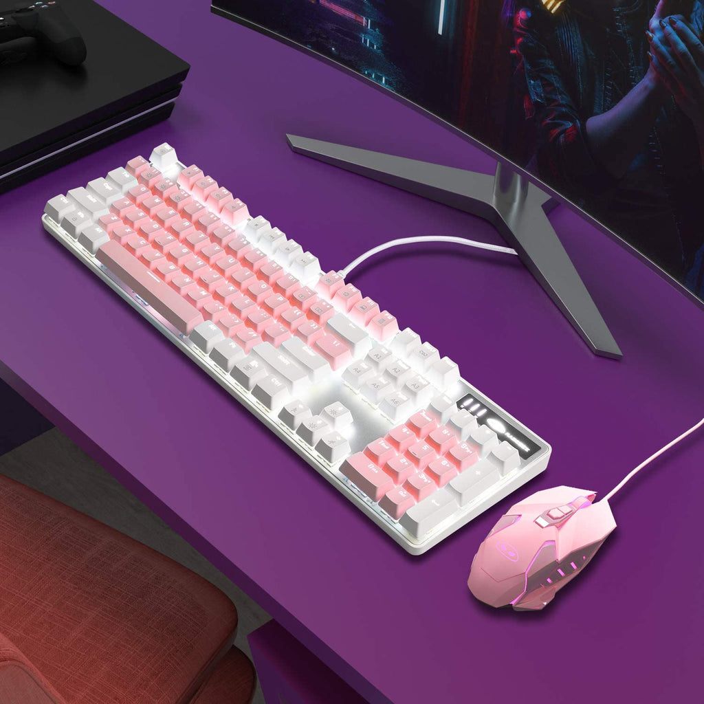 Elevate Your Gaming Experience with the MK-Storm White & Pink Mechanical Gaming Keyboard - 104 Keys, Upgraded Blue Switches, and Stunning White Backlighting!