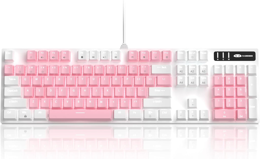 Elevate Your Gaming Experience with the MK-Storm White & Pink Mechanical Gaming Keyboard - 104 Keys, Upgraded Blue Switches, and Stunning White Backlighting!