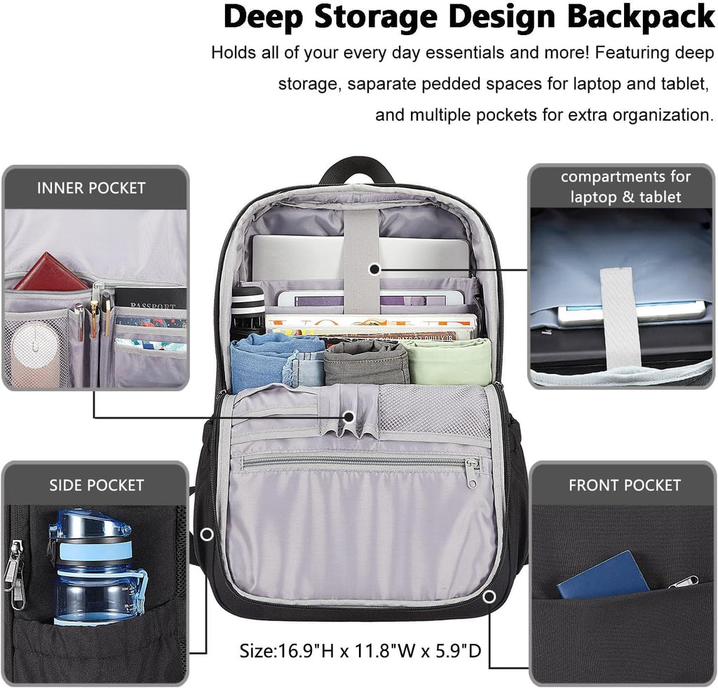 Versatile Deep Storage Laptop Backpack - Water Resistant Anti-Theft Design for College and Travel, Fits Up to 15.6 Inch Laptops - Stylish Black Daypack