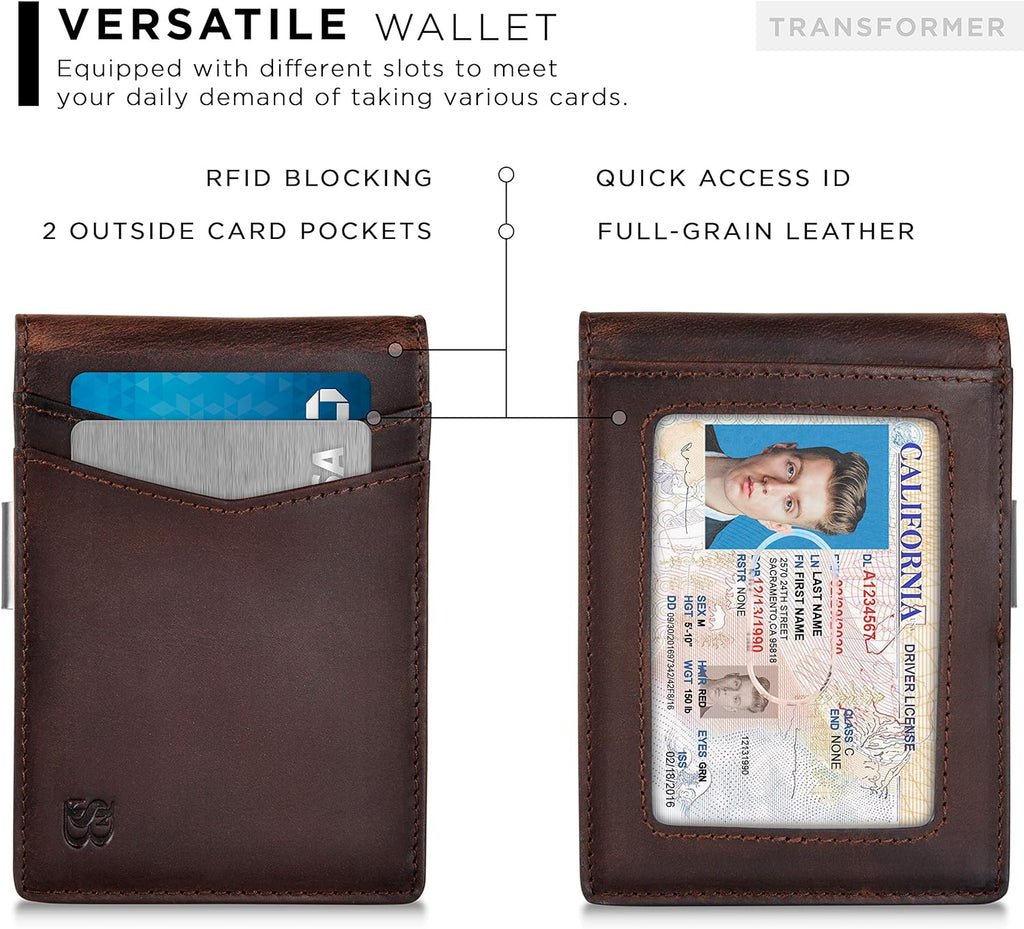 Serman Brands Transformer Wallet - Stylish RFID Blocking Slim Wallet for Men with Money Clip and Ample Storage
