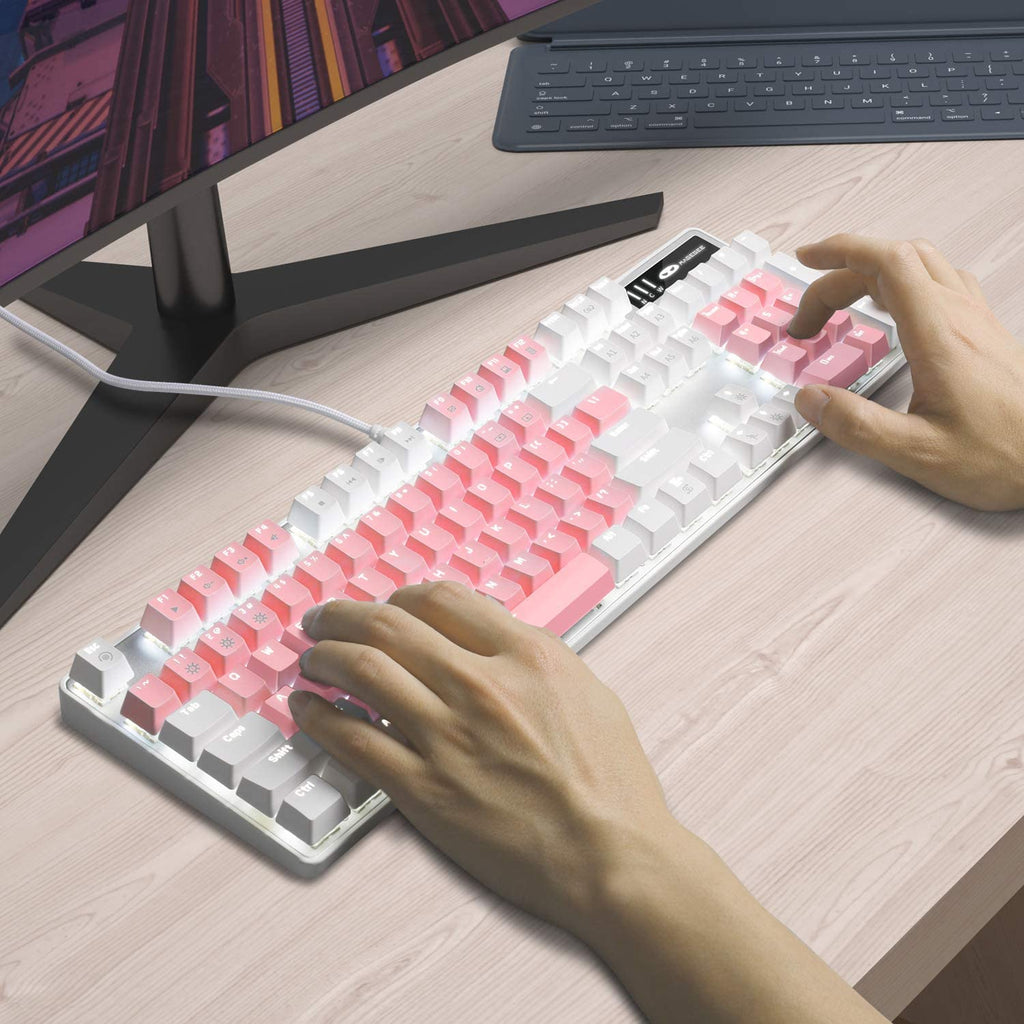 Elevate Your Gaming Experience with the MK-Storm White & Pink Mechanical Gaming Keyboard - 104 Keys, Upgraded Blue Switches, and Stunning White Backlighting!