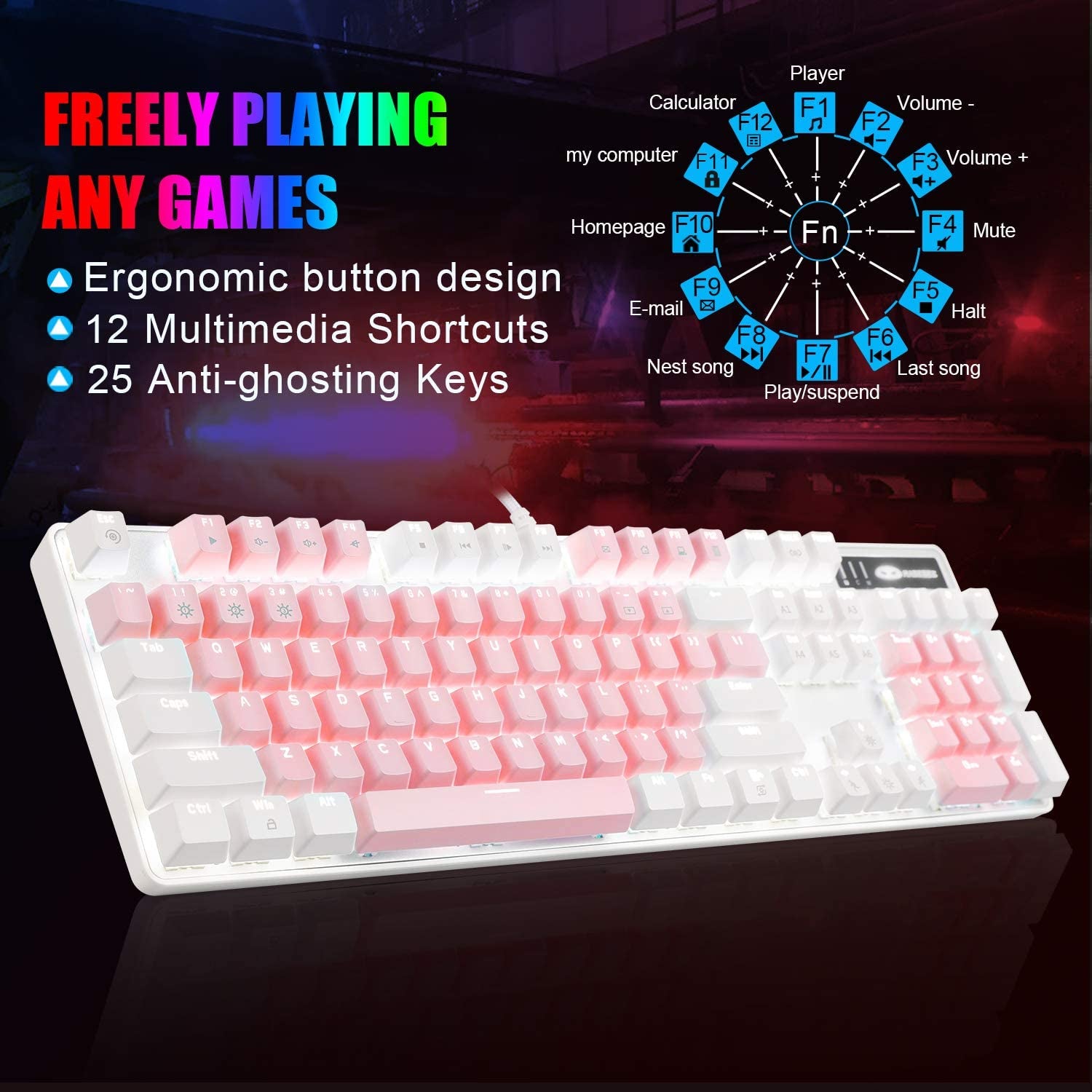 Elevate Your Gaming Experience with the MK-Storm White & Pink Mechanical Gaming Keyboard - 104 Keys, Upgraded Blue Switches, and Stunning White Backlighting!