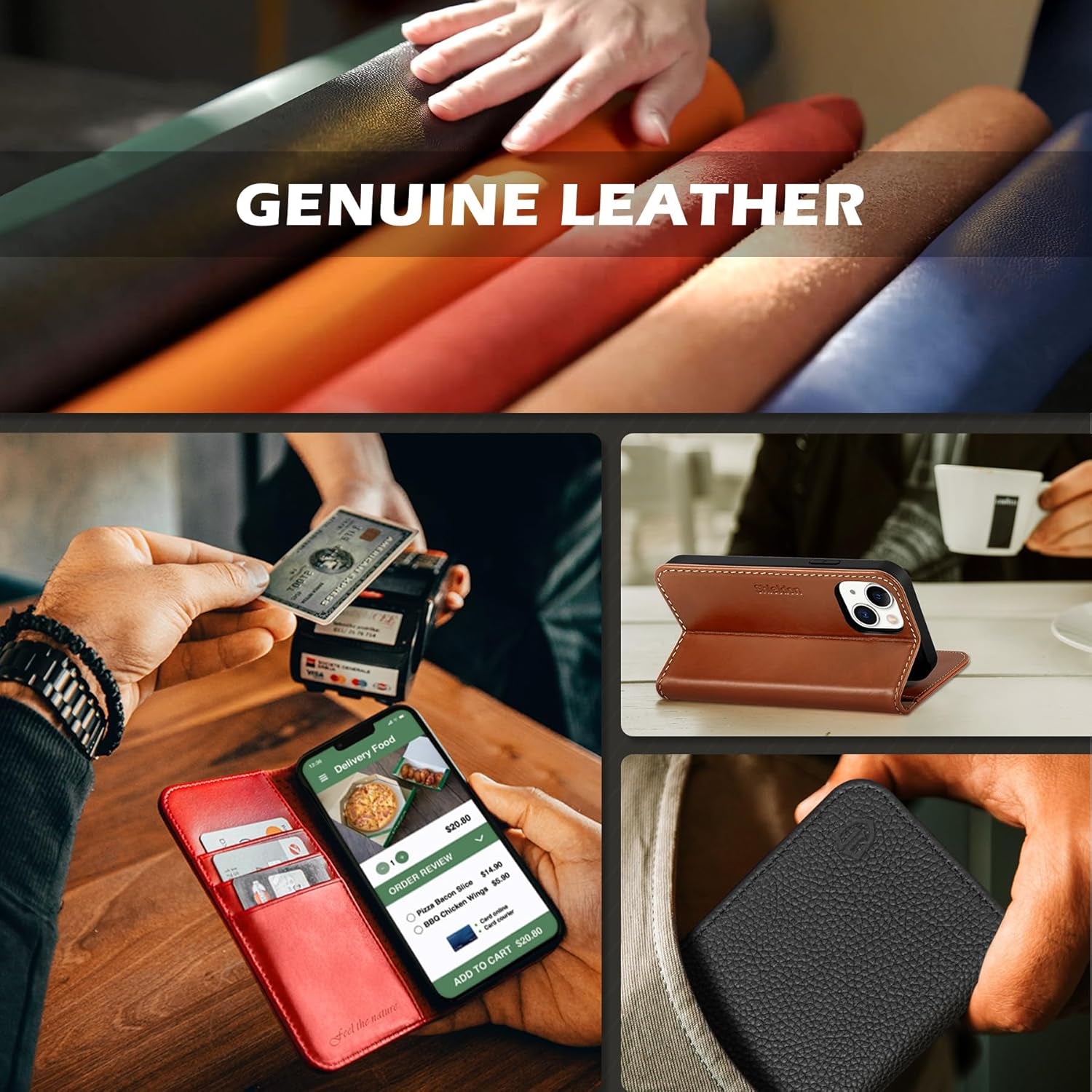 Premium Midnight Green Leather Wallet Case for iPhone 13 - Stylish, Shockproof, and RFID Blocking with Kickstand Functionality