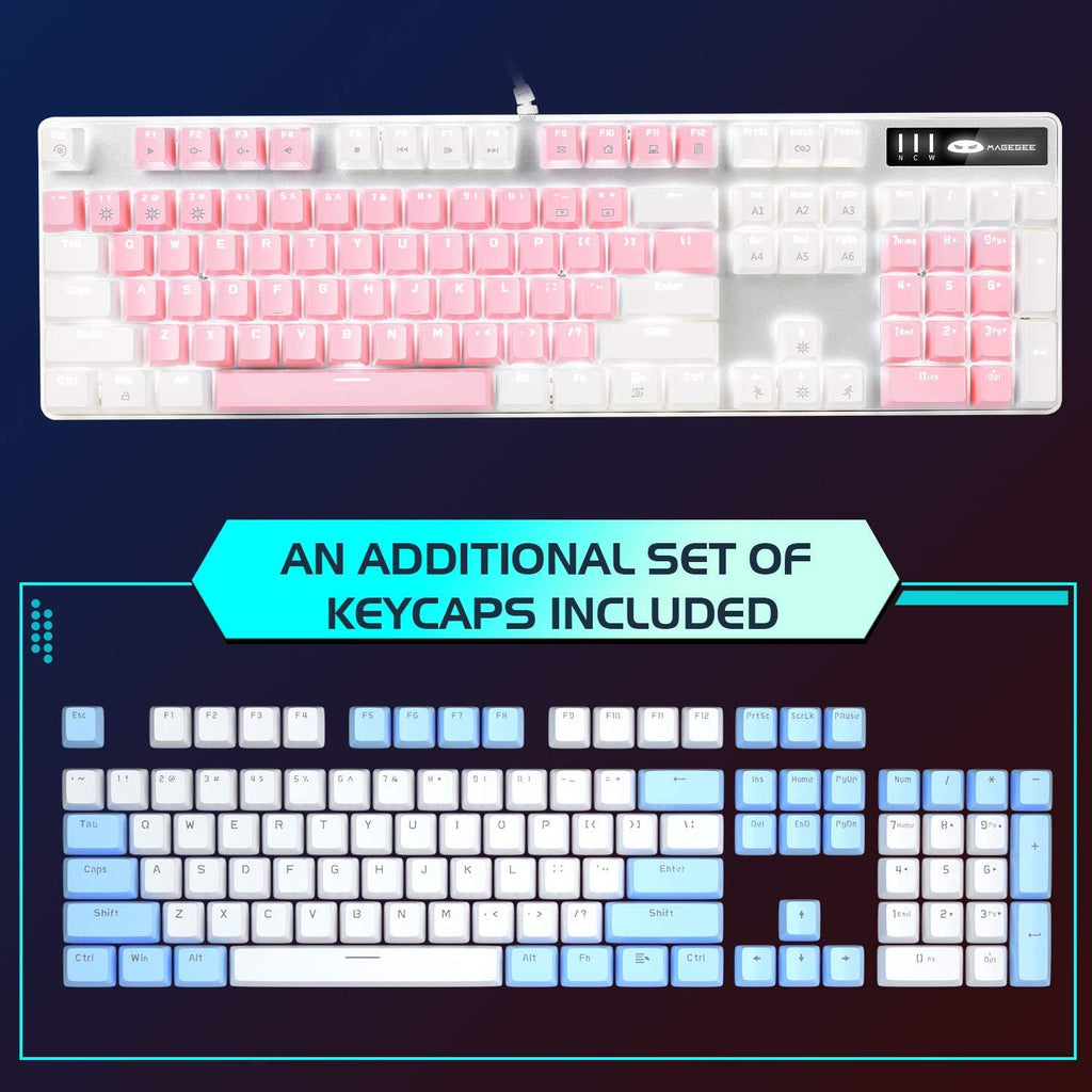 Elevate Your Gaming Experience with the MK-Storm White & Pink Mechanical Gaming Keyboard - 104 Keys, Upgraded Blue Switches, and Stunning White Backlighting!