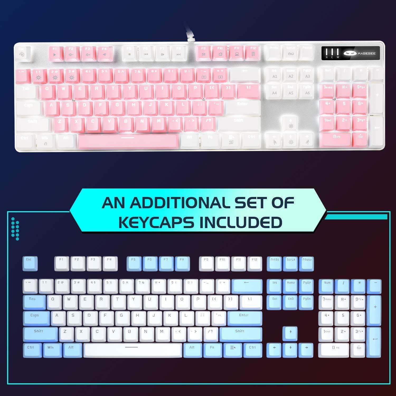 Elevate Your Gaming Experience with the MK-Storm White & Pink Mechanical Gaming Keyboard - 104 Keys, Upgraded Blue Switches, and Stunning White Backlighting!