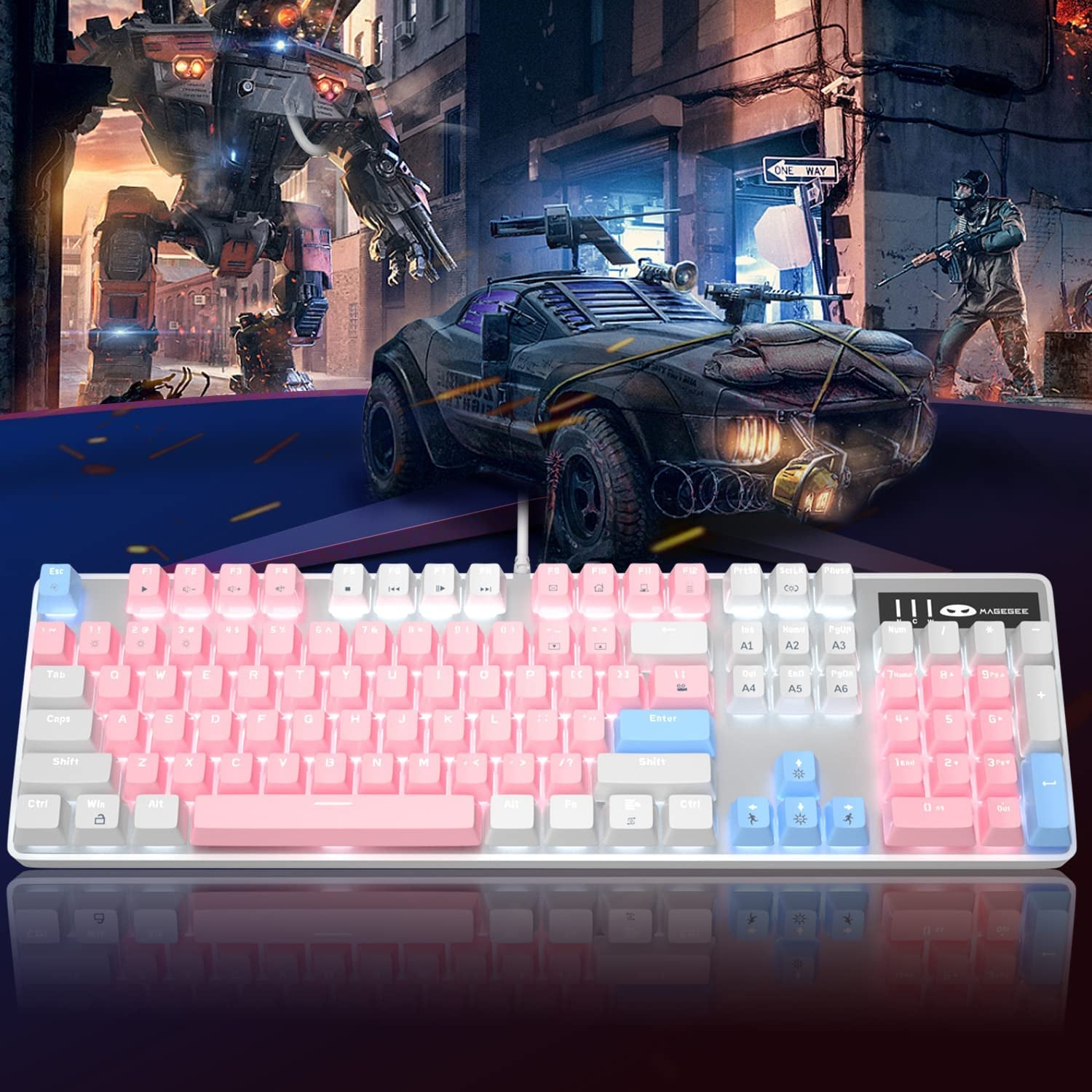 Elevate Your Gaming Experience with the MK-Storm White & Pink Mechanical Gaming Keyboard - 104 Keys, Upgraded Blue Switches, and Stunning White Backlighting!
