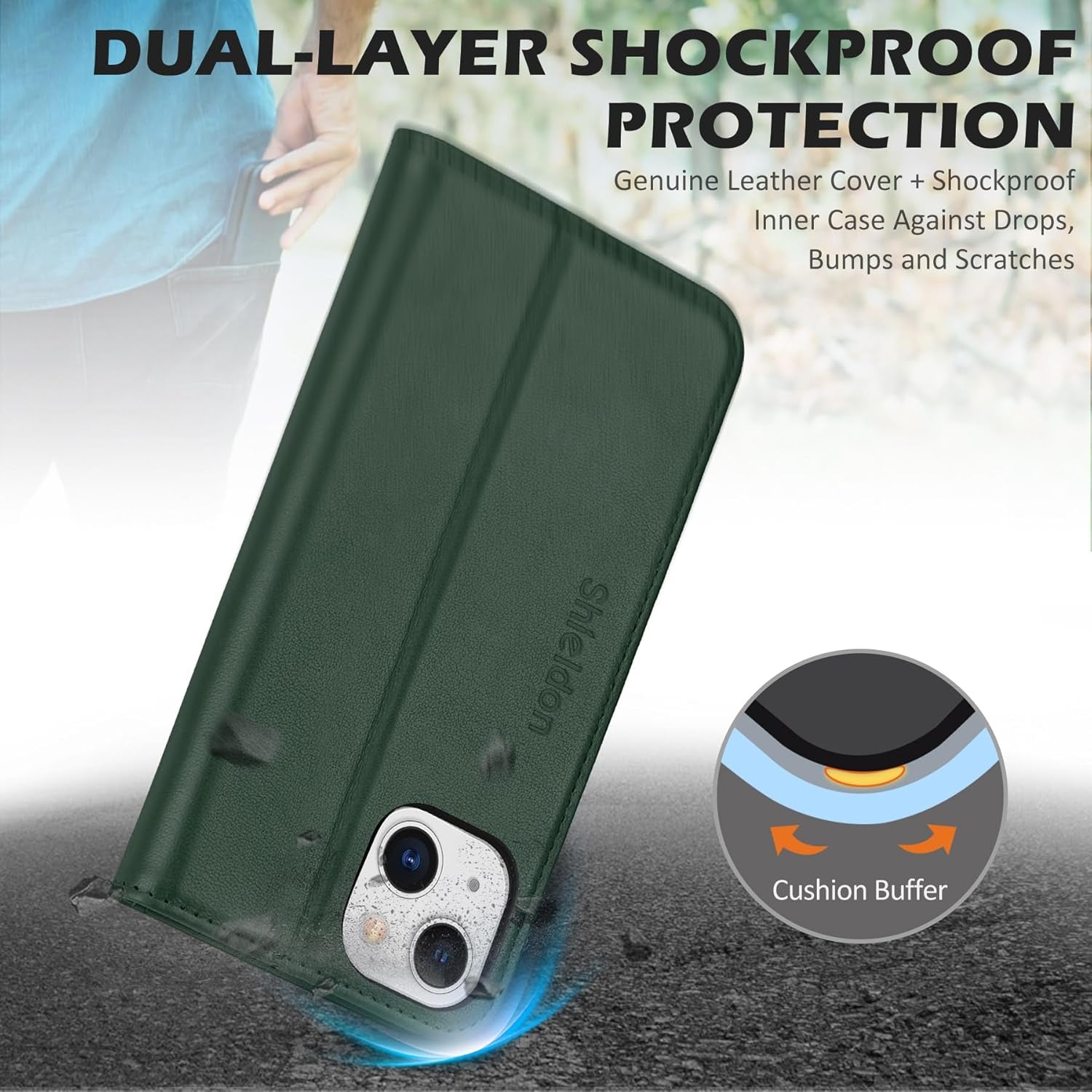 Premium Midnight Green Leather Wallet Case for iPhone 13 - Stylish, Shockproof, and RFID Blocking with Kickstand Functionality