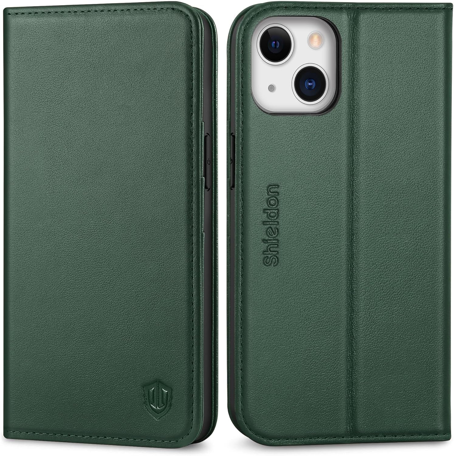 Premium Midnight Green Leather Wallet Case for iPhone 13 - Stylish, Shockproof, and RFID Blocking with Kickstand Functionality