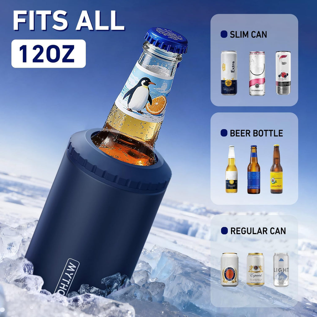 Ultimate 3-in-1 Slim Can Cooler: Keep Your 12 OZ Drinks Ice Cold for 6 Hours - Stylish Navy Blue Double-Walled Stainless Steel Insulator for Cans and Bottles