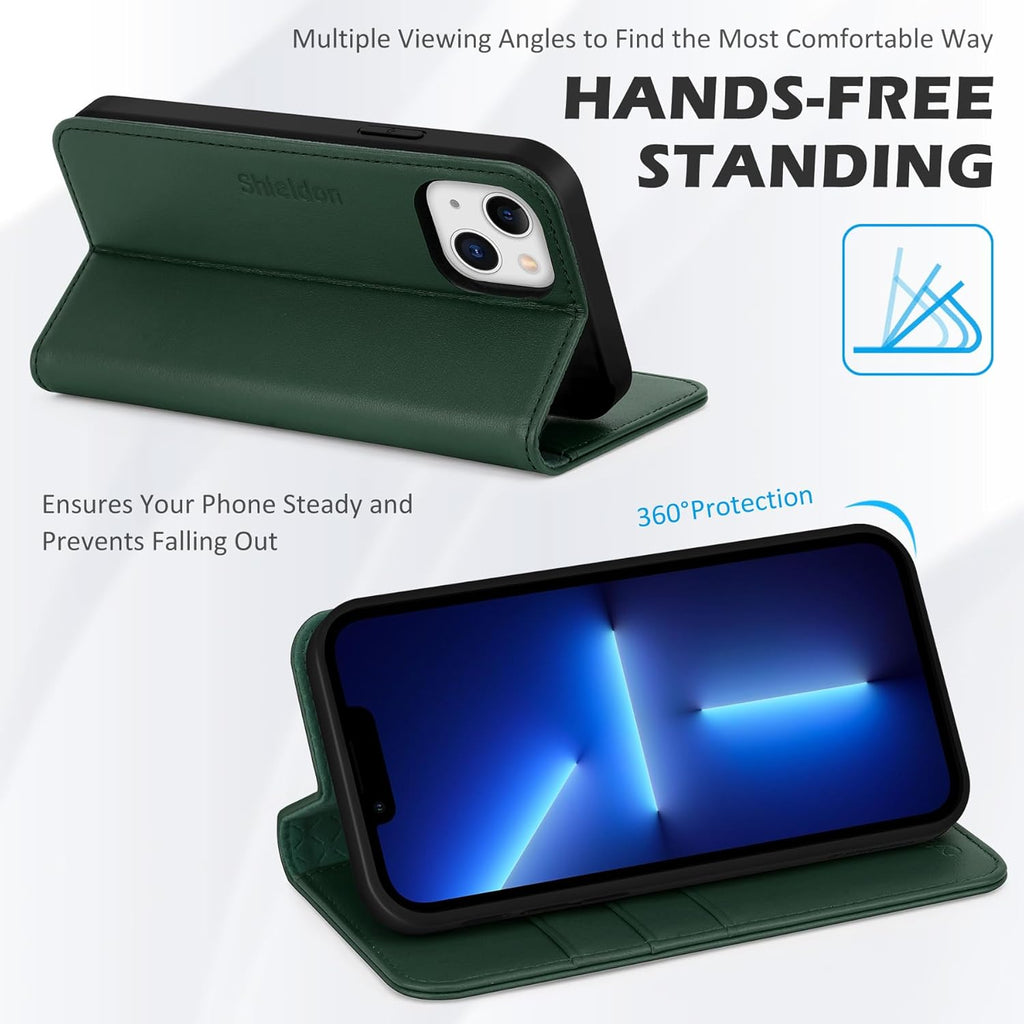 Premium Midnight Green Leather Wallet Case for iPhone 13 - Stylish, Shockproof, and RFID Blocking with Kickstand Functionality