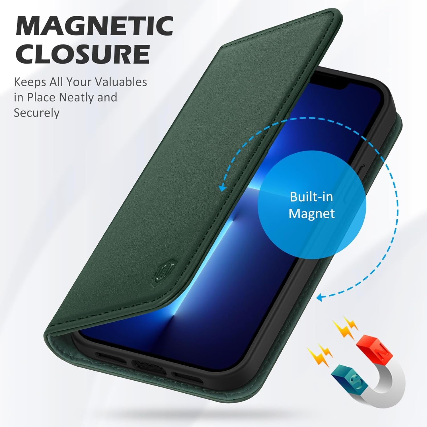 Premium Midnight Green Leather Wallet Case for iPhone 13 - Stylish, Shockproof, and RFID Blocking with Kickstand Functionality