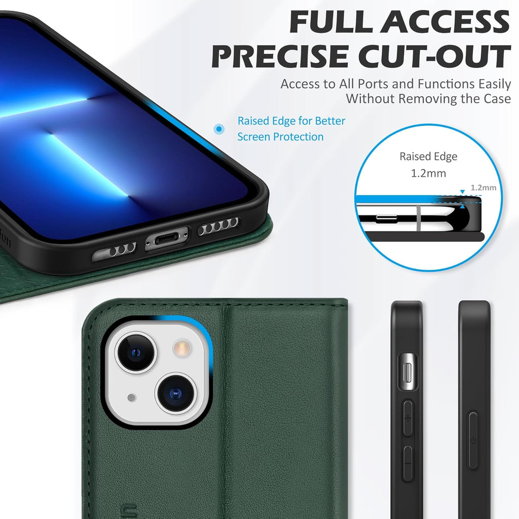 Premium Midnight Green Leather Wallet Case for iPhone 13 - Stylish, Shockproof, and RFID Blocking with Kickstand Functionality