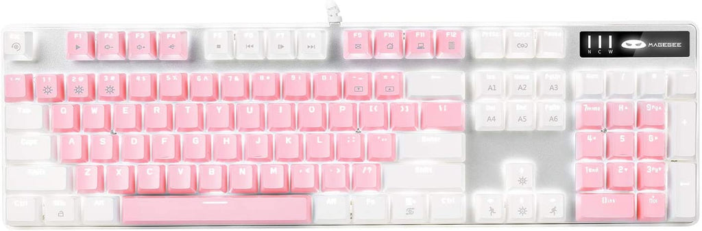 Elevate Your Gaming Experience with the MK-Storm White & Pink Mechanical Gaming Keyboard - 104 Keys, Upgraded Blue Switches, and Stunning White Backlighting!