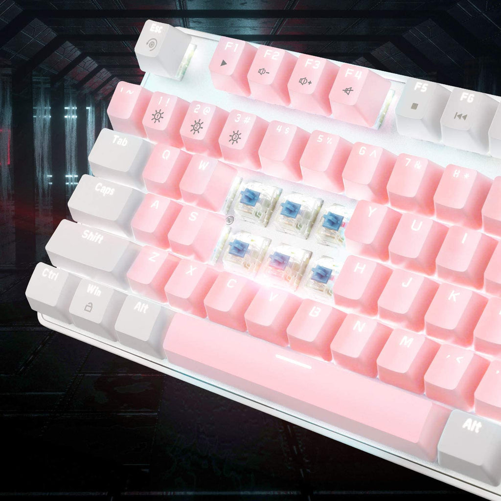 Elevate Your Gaming Experience with the MK-Storm White & Pink Mechanical Gaming Keyboard - 104 Keys, Upgraded Blue Switches, and Stunning White Backlighting!