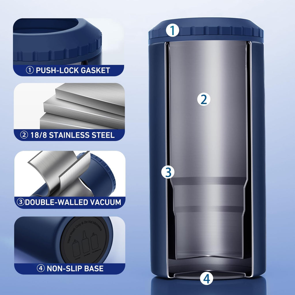 Ultimate 3-in-1 Slim Can Cooler: Keep Your 12 OZ Drinks Ice Cold for 6 Hours - Stylish Navy Blue Double-Walled Stainless Steel Insulator for Cans and Bottles